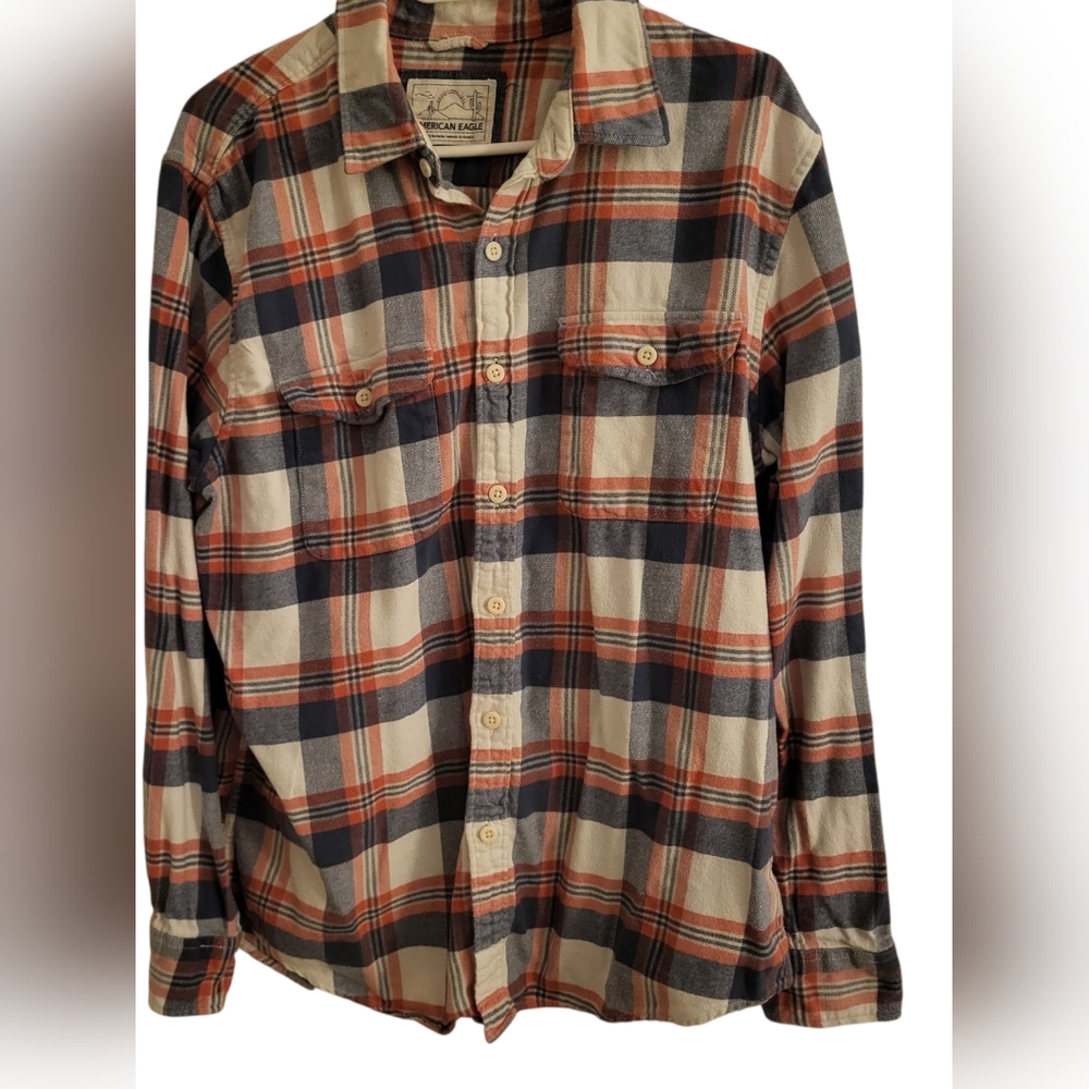 American Eagle Outfitters Red and Blue Casual Button Down Shirt